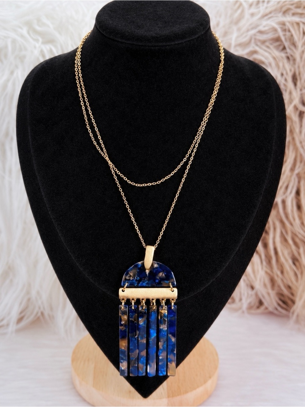 Signed JV Blue Marbled Fringe Pendant Necklace Gold Tone Statement Boho Modern